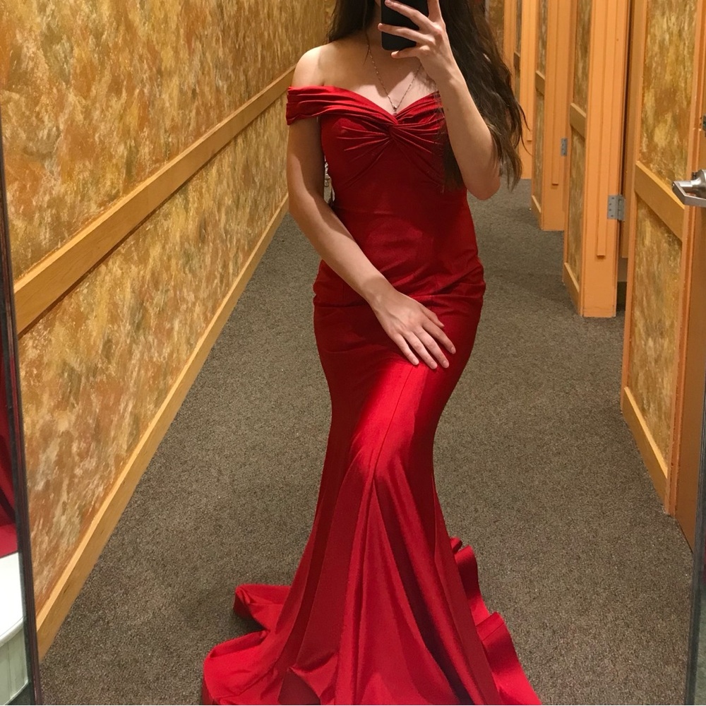 Red silk mermaid prom dress off the shoulder with flowy bottom